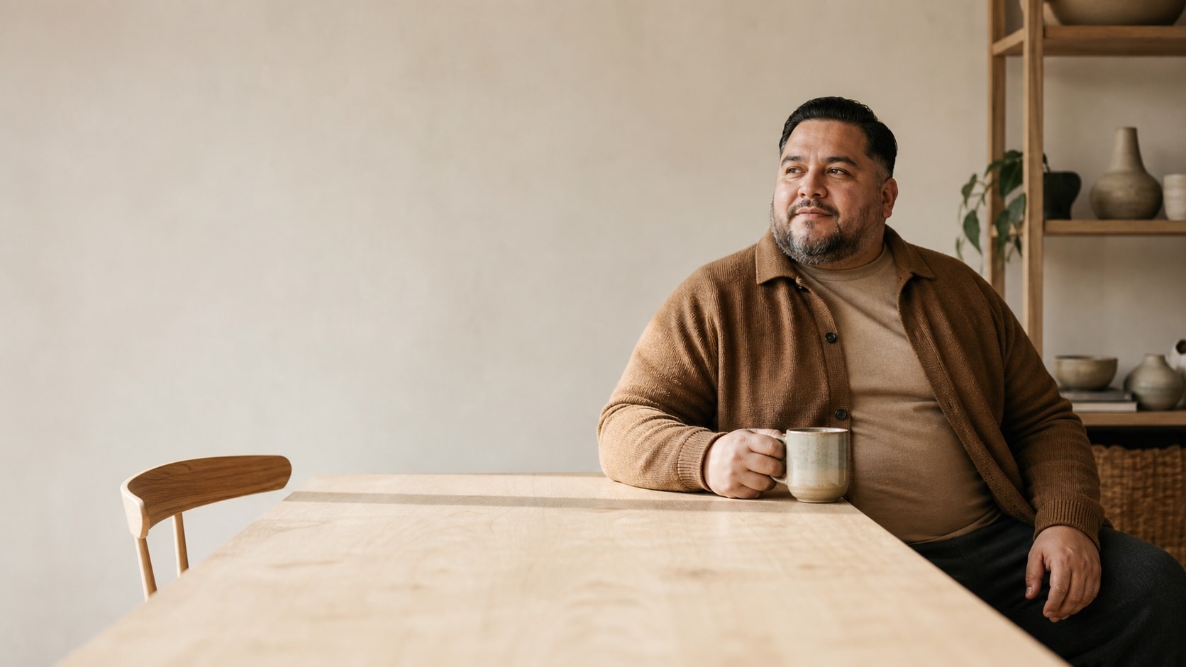 A man sitting at a pale wood table with a mug, in a calm, warm room.