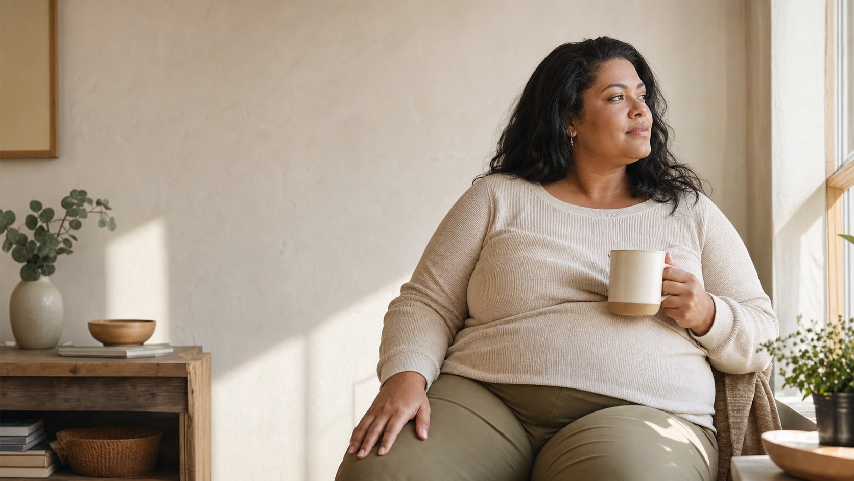 A woman sitting calmly by a window with a mug of tea, in a warm, plain room.