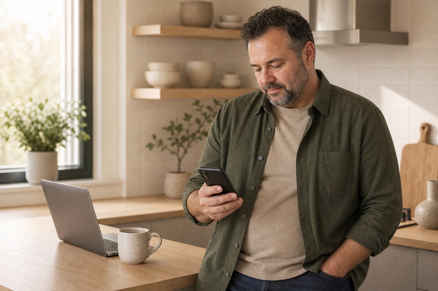 A man paying with his phone at a kitchen counter