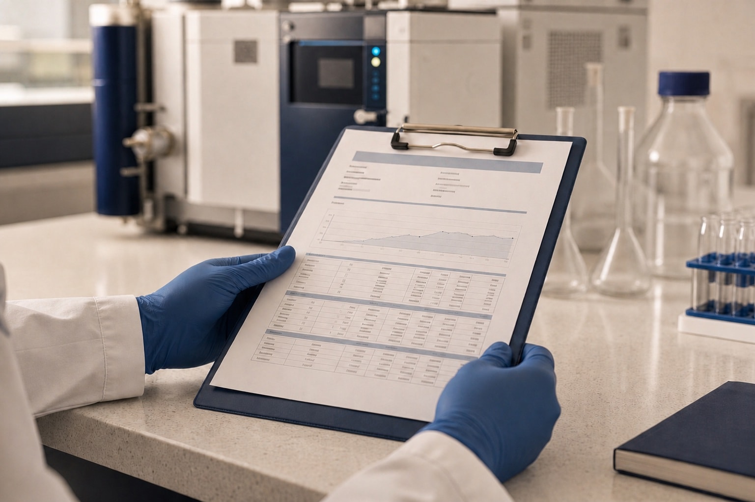 Gloved hands reviewing a printed certificate of analysis at a laboratory bench