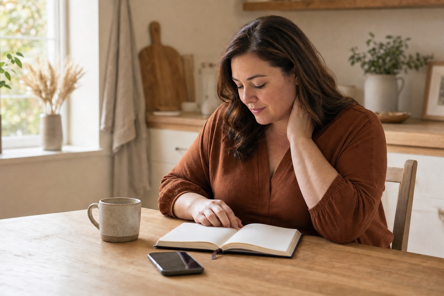 Woman comparing handwritten notes at a kitchen table