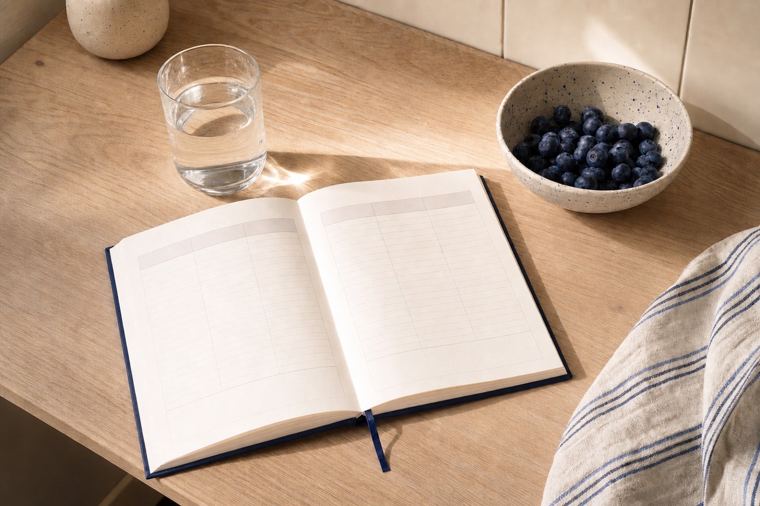 Kitchen counter with a glass of water and an open weekly planner