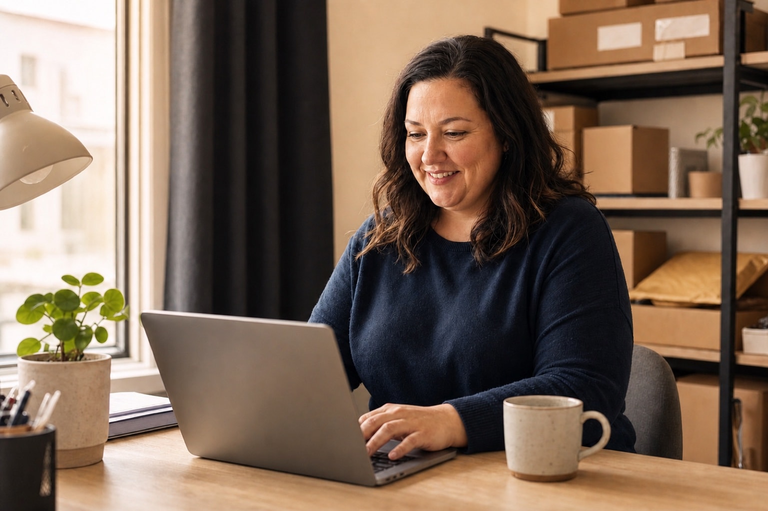 A member of the Deer team smiling while replying to a customer email at a fulfillment desk