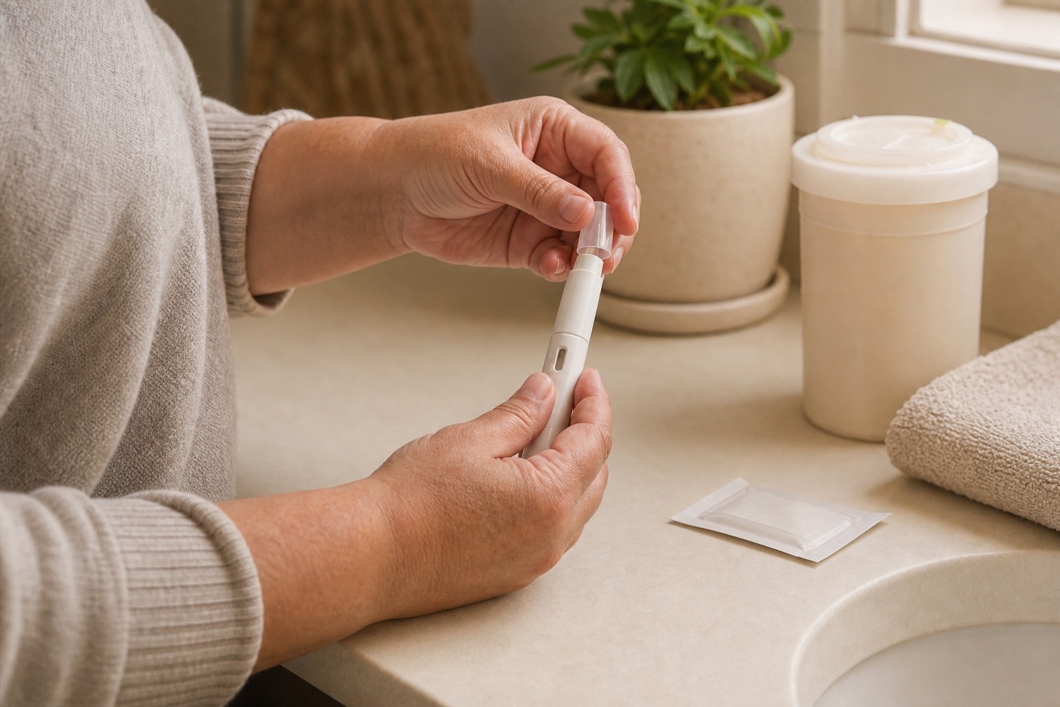 Des mains préparant un stylo injecteur sans marque sur un comptoir de salle de bain