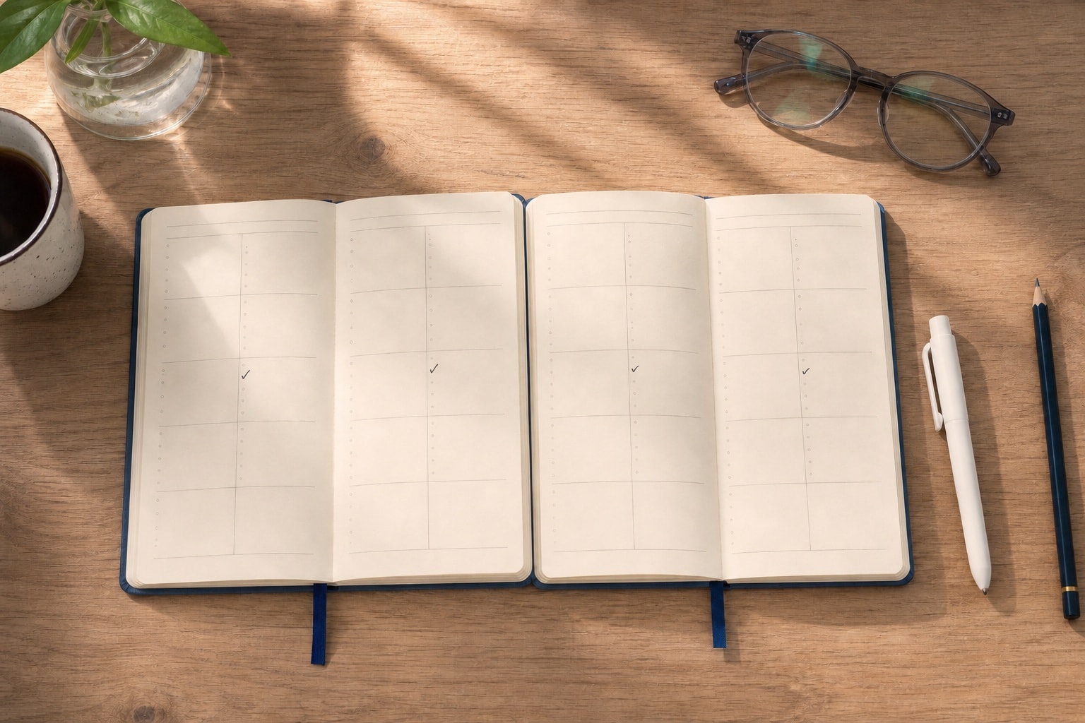 A weekly planner with checkmarks beside each week and an injection pen resting on the open page