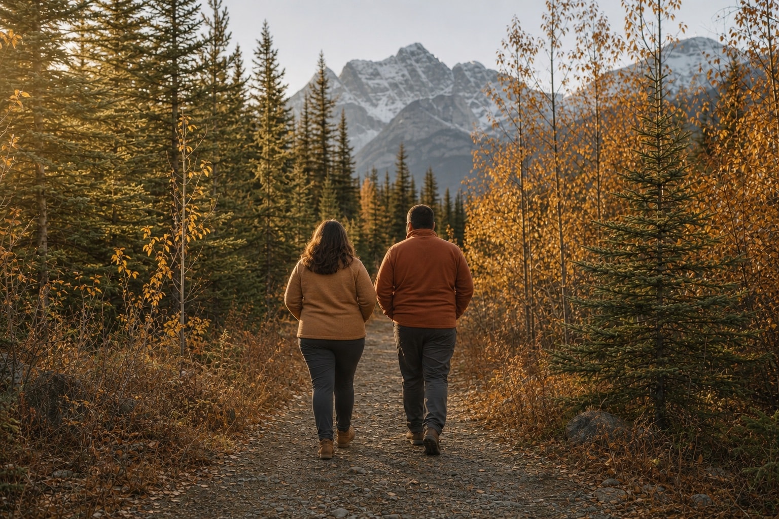 Two people walking a forest trail in a Canadian provincial park